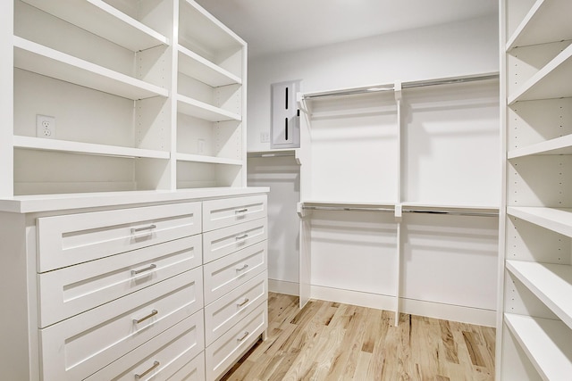 walk in closet with light wood-style flooring
