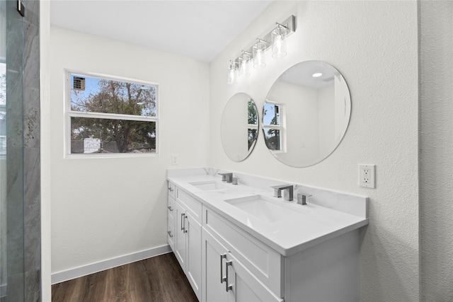 bathroom with a sink, baseboards, double vanity, and wood finished floors
