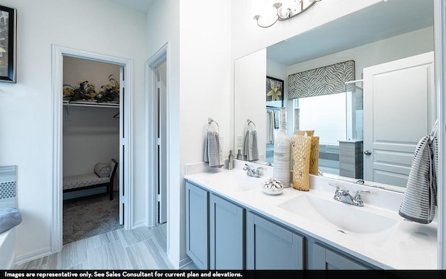 full bath with a sink, a shower, a walk in closet, and double vanity