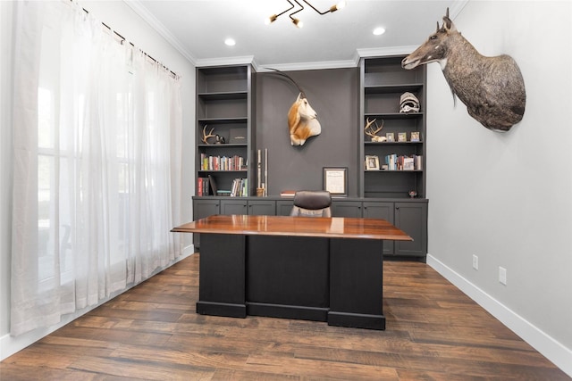 office area featuring recessed lighting, dark wood finished floors, crown molding, and baseboards