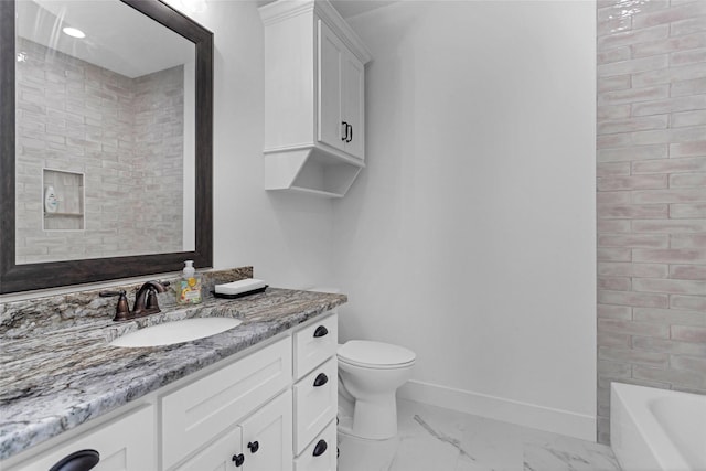 full bathroom featuring toilet, a bathing tub, walk in shower, marble finish floor, and vanity
