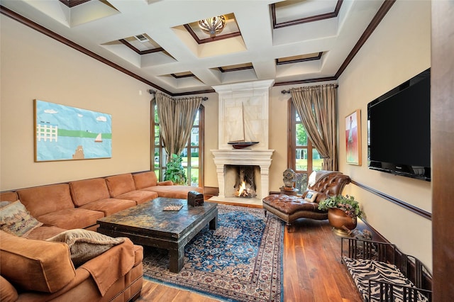 5530 Tilbury Dr, Houston, TX 77056 - living area featuring crown molding, a fireplace, wood finished floors, beamed ceiling, and coffered ceiling