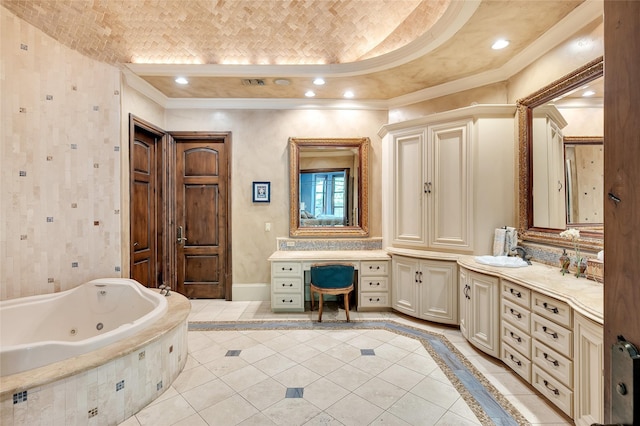 5530 Tilbury Dr, Houston, TX 77056 - bathroom with crown molding, tile patterned flooring, vanity, baseboards, and a whirlpool tub