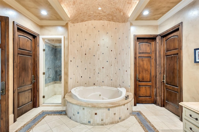 5530 Tilbury Dr, Houston, TX 77056 - bathroom with a shower stall, ornamental molding, tile patterned flooring, and a jetted tub