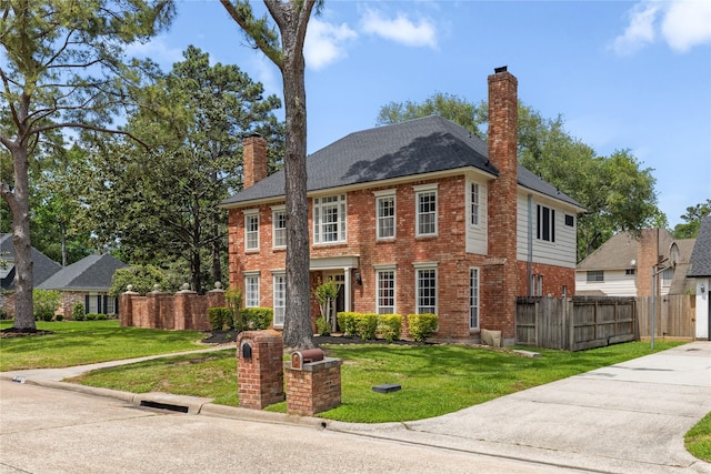 georgian-style home with a chimney and brick siding