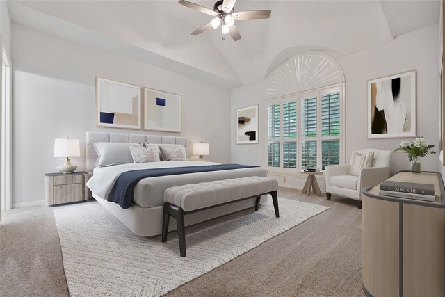 7914 Rio Crystal Dr, Houston, TX 77095 - bedroom featuring light colored carpet, vaulted ceiling, a ceiling fan, and baseboards