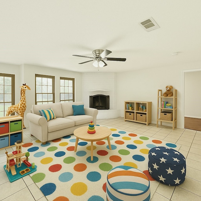 7914 Oakington Dr, Houston, TX 77071 - tiled living area with ceiling fan, healthy amount of natural light, and a fireplace