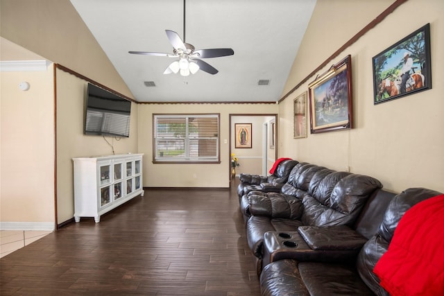 living room featuring wood finished floors, visible vents, a ceiling fan, and lofted ceiling