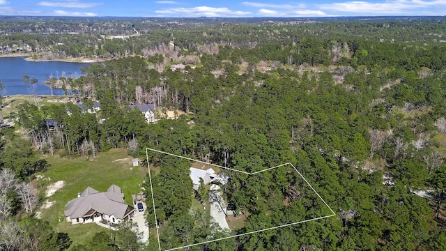 bird's eye view with a wooded view and a water view