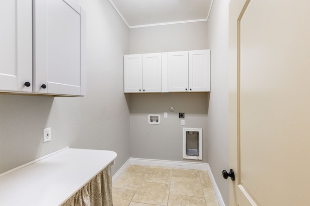 135 N Greatwood Glen Pl, Montgomery, TX 77316 - laundry room featuring cabinet space, washer hookup, baseboards, ornamental molding, and hookup for an electric dryer