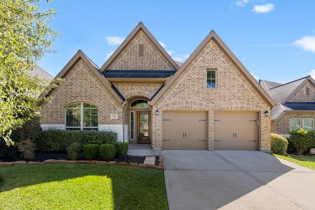 135 N Greatwood Glen Pl, Montgomery, TX 77316 - french country style house with brick siding, concrete driveway, a front yard, and a shingled roof