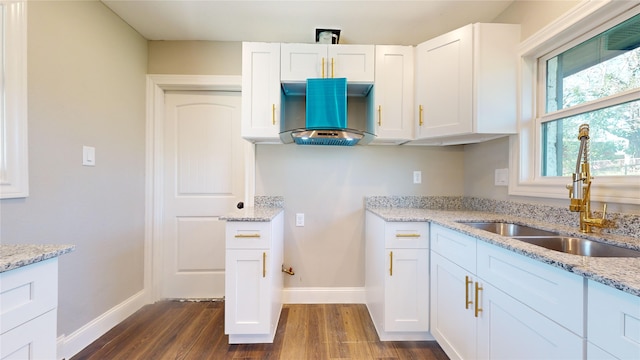 603 Maple Way, Houston, TX 77015 - kitchen featuring dark wood-type flooring, baseboards, a sink, and light stone counters