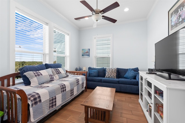 living room featuring crown molding, recessed lighting, a ceiling fan, and wood finished floors
