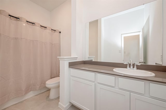 bathroom with toilet, shower / tub combo with curtain, tile patterned flooring, and vanity