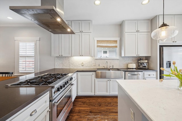 kitchen featuring range hood, a sink, recessed lighting, and stainless steel appliances