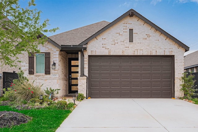 view of front of property with an attached garage, a shingled roof, stone siding, and concrete driveway