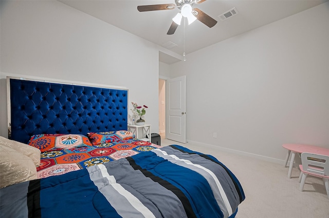 bedroom featuring carpet flooring, visible vents, baseboards, and ceiling fan