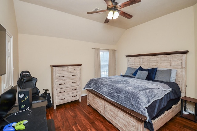 25419 Richton Falls Dr, Richmond, TX 77406 - bedroom featuring vaulted ceiling, visible vents, ceiling fan, and dark wood-style flooring