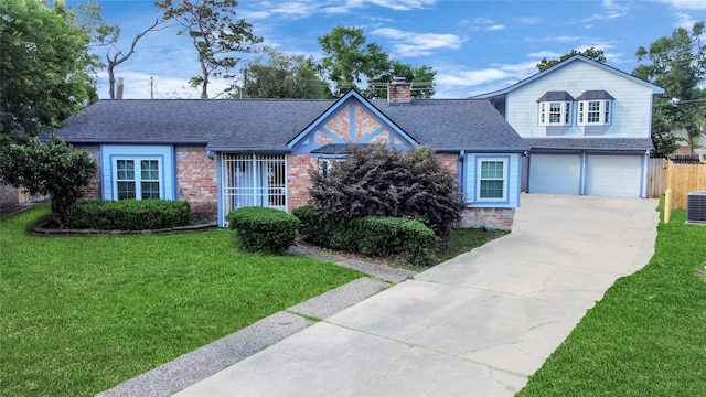 13230 Ferry Hill Ln, Houston, TX 77015 - view of front of house featuring a chimney, concrete driveway, a garage, a shingled roof, and central air condition unit