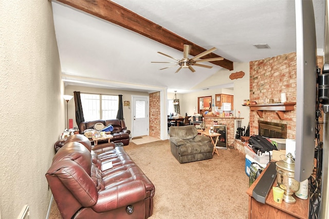 13230 Ferry Hill Ln, Houston, TX 77015 - living area featuring a ceiling fan, carpet floors, a brick fireplace, and a textured wall
