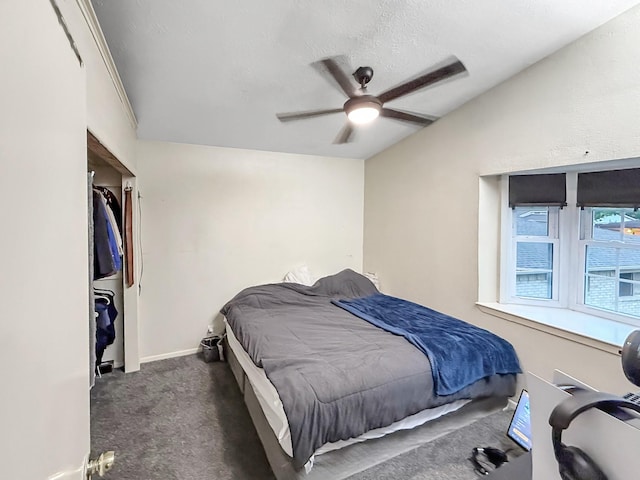 13230 Ferry Hill Ln, Houston, TX 77015 - carpeted bedroom with lofted ceiling, a ceiling fan, and a textured ceiling