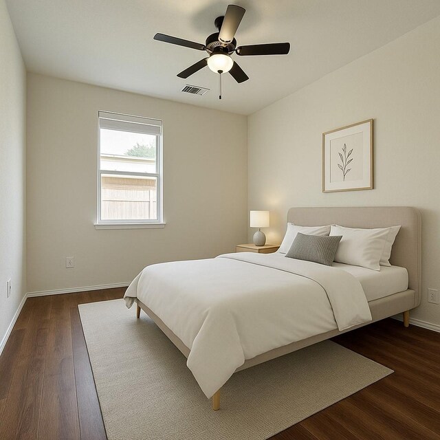 8414 Manassas Ln, Houston, TX 77083 - bedroom featuring dark wood-style flooring, baseboards, and a ceiling fan