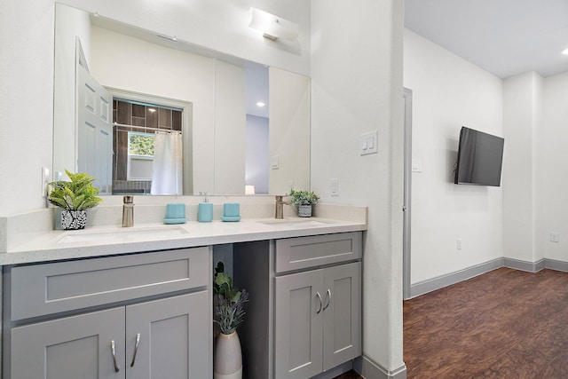 bathroom with double vanity, wood finished floors, baseboards, and a sink