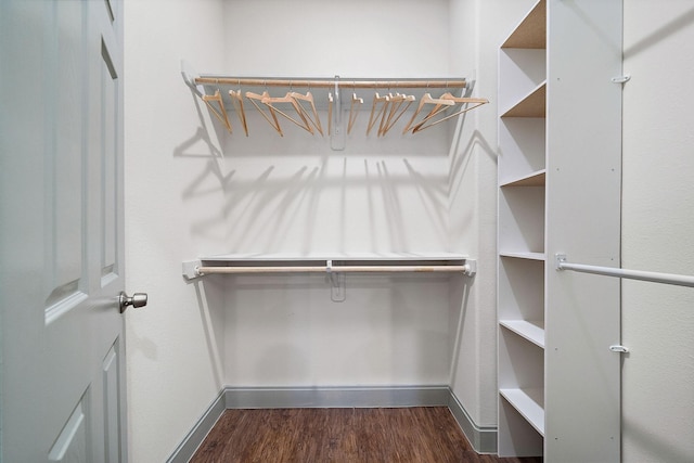 walk in closet with dark wood-style flooring