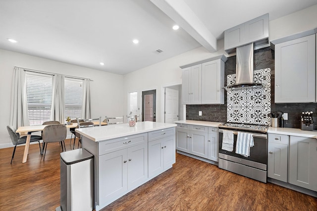 kitchen with wall chimney exhaust hood, gray cabinetry, and stainless steel range with electric stovetop