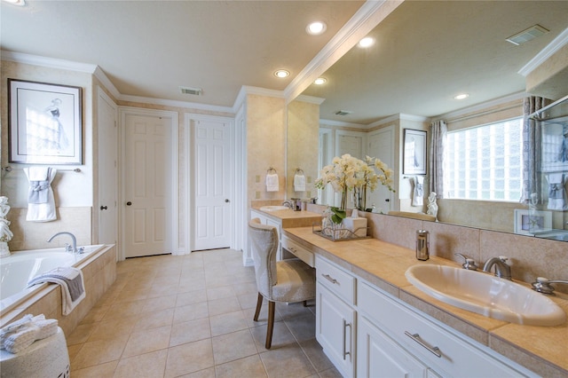 full bath featuring visible vents, ornamental molding, a bath, and vanity