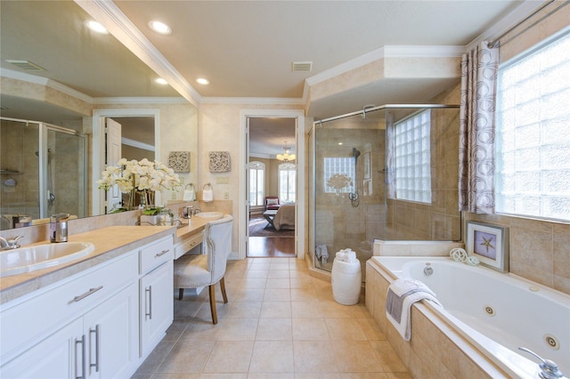 full bath with a shower stall, visible vents, ornamental molding, tile patterned floors, and vanity