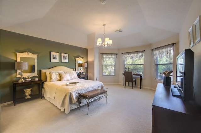 bedroom with a chandelier, visible vents, multiple windows, and light colored carpet