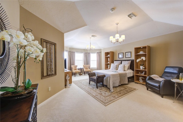 bedroom featuring visible vents, light carpet, a chandelier, and baseboards