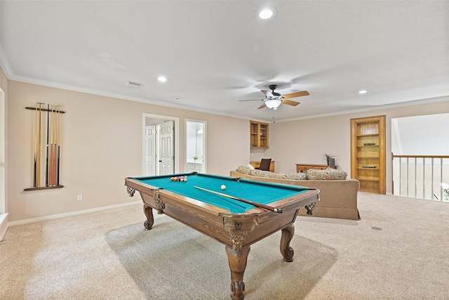 playroom with crown molding, carpet flooring, ceiling fan, and recessed lighting