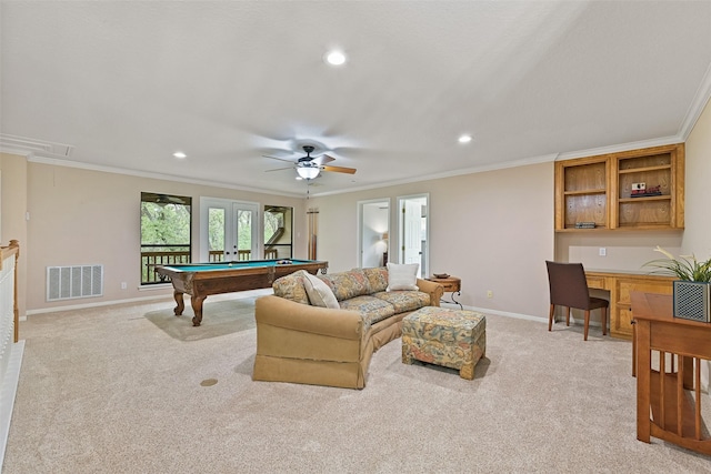 playroom featuring visible vents, baseboards, billiards, and light carpet