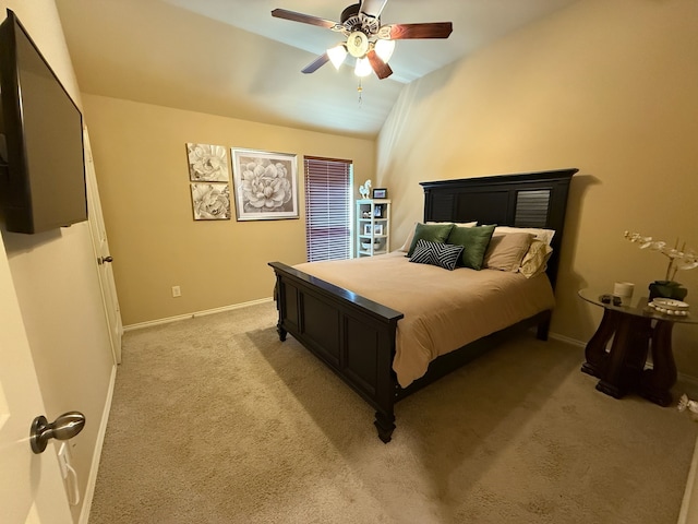 29046 Davenport Dr, Katy, TX 77494 - bedroom with a ceiling fan, baseboards, vaulted ceiling, and light carpet