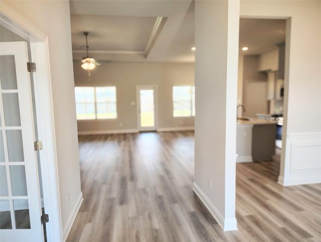 interior space featuring a tray ceiling, recessed lighting, plenty of natural light, and wood finished floors