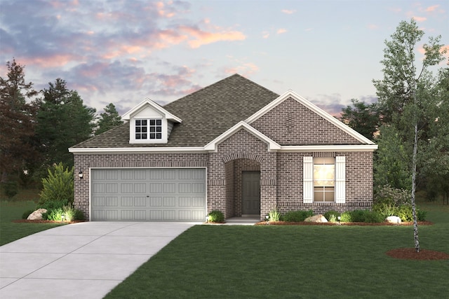 view of front of property with concrete driveway, a front lawn, and brick siding