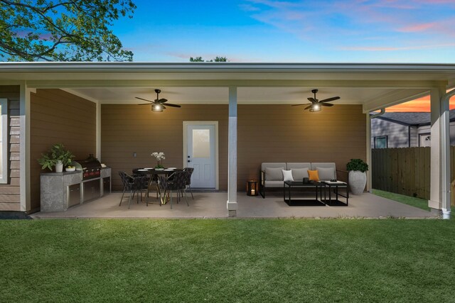 view of patio / terrace featuring outdoor lounge area, a grill, a ceiling fan, and fence