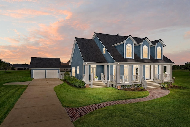 new england style home featuring an outdoor structure, a detached garage, a front lawn, a shingled roof, and covered porch