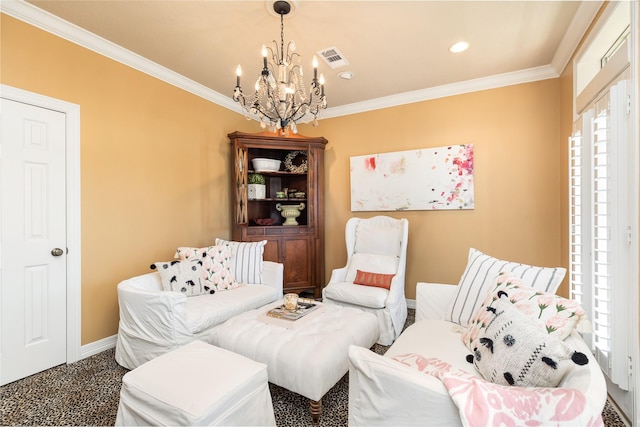 sitting room featuring a wealth of natural light, baseboards, an inviting chandelier, and crown molding