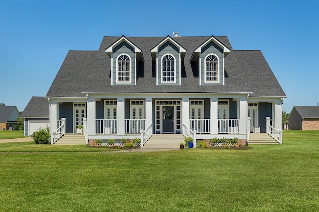 new england style home featuring roof with shingles, french doors, covered porch, and a front lawn