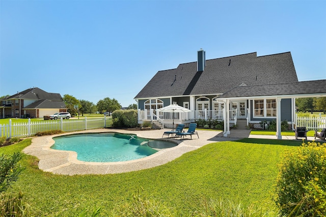 view of swimming pool with a patio area, a fenced backyard, a fenced in pool, and a yard
