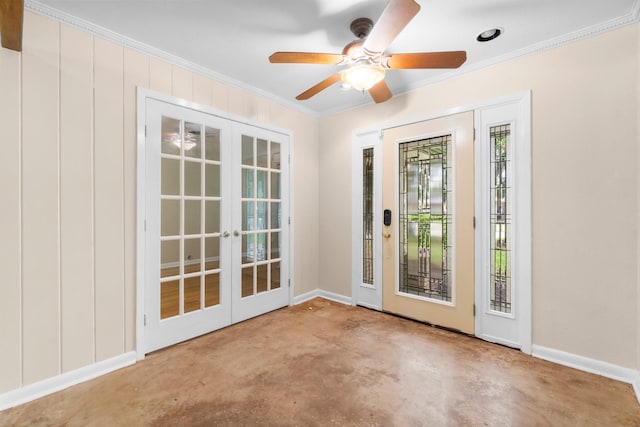 1702 Sheridan Dr, Baytown, TX 77520 - doorway to outside with french doors, ornamental molding, concrete flooring, baseboards, and a ceiling fan