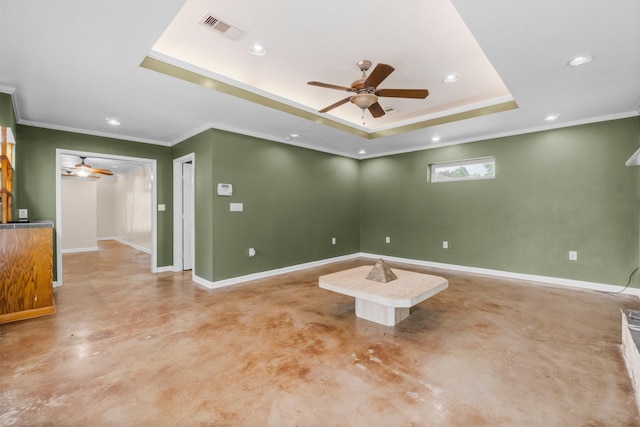 1702 Sheridan Dr, Baytown, TX 77520 - unfurnished room featuring a ceiling fan, finished concrete floors, a raised ceiling, recessed lighting, and ornamental molding
