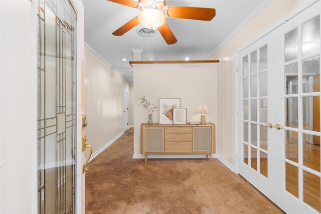 1702 Sheridan Dr, Baytown, TX 77520 - entrance foyer featuring ornamental molding, french doors, concrete floors, baseboards, and a ceiling fan