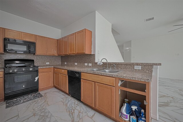 7727 N Friesian Meadow Ln NW, Humble, TX 77338 - kitchen featuring black appliances, light marble finish flooring, backsplash, and a peninsula