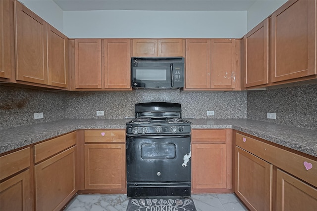 7727 N Friesian Meadow Ln NW, Humble, TX 77338 - kitchen featuring black appliances, light marble finish floors, tasteful backsplash, and dark countertops