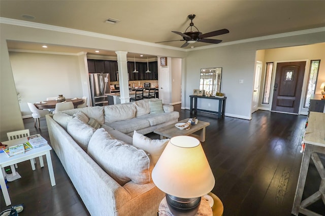 living room featuring crown molding, a ceiling fan, baseboards, and dark wood-style flooring