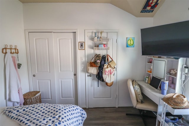 bedroom featuring lofted ceiling, a closet, and dark wood-style flooring